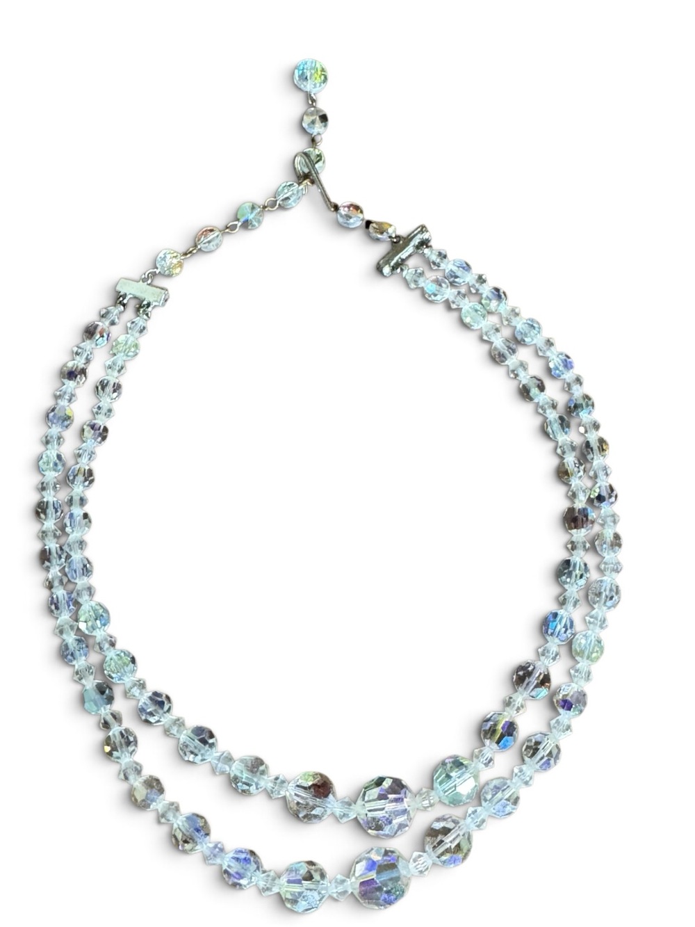 Vintage AB Crystal Necklace Double Strand Graduated Faceted Glass 1950s 60s